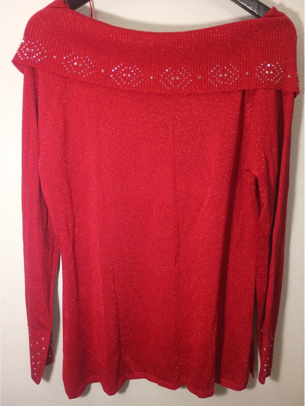 Adrienne Vittadini Red Metallic Rayon Blend Sweater with Rhinestone Details, L